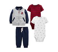 Simple Joys by Carter's 4-Piece Jacket, Pant, and Bodysuit Set Juego de Canastilla, Azul Marino/Blanco Deportes/Gris/Rojo Rayas, 0 Meses para Bebés