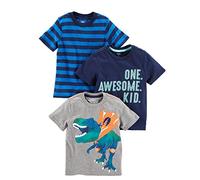 Simple Joys by Carter's Camisas de manga corta Niño, Pack de 3, Azul Marino Estampado Con Texto/Azul Rayas/Gris Dinosaurio, 3 años