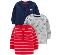 Simple Joys by Carter's Camisas de Manga Larga Bebé Niño, Pack de 3, Azul Marino/Gris Perros/Rojo Doble Raya, 12 meses