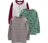 Simple Joys by Carter's Camisas de Manga Larga Niño, Pack de 3, Gris Lunares/Gris Oscuro Rayas/Verde Abeto Dinosaurio, 4 años