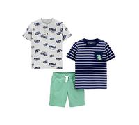 Simple Joys by Carter's 3-Piece Button Up, Shorts, and tee Playwear Set Conjunto de Pantalones, Azul Marino Rayas/Gris Camiones Monstruo/Verde, 2 años para Bebés
