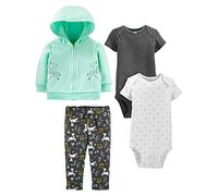 Simple Joys by Carter's Conjunto de Chaqueta, Pantalón y Body, 4 Piezas Bebé Niña, Blanco Copo de Nieve/Negro Lunares/Verde Menta Unicornio/Floral, 12 meses