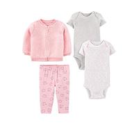 Simple Joys by Carter's Conjunto de Chaqueta, Pantalón y Body, 4 Piezas Bebé Niña, Blanco Corazones/Gris/Rosa/Gato, 0-3 meses