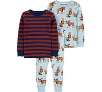 Simple Joys by Carter's Conjunto de pijama de algodón ajustado de 3 piezas para bebé, Rayas burdeos/alce azul claro, 3 años