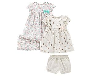 Simple Joys by Carter's Conjuntos de Vestidos sin Mangas y Manga Corta Bebé Niña, Pack de 2, Blanco Floral/Marfil Búho, 0 meses