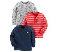 Simple Joys by Carter's Long-Sleeve Shirts, Pack of 3 Camiseta, Azul Marino Mezcla/Gris Perros/Rojo Doble Raya, 4 años (Pack de 3) para Bebés