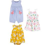 Simple Joys by Carter's Paquete de 3 Mamelucos, Traje de Sol y Vestido para niñas, Flamenco, Flores, Amigos del mar, 3-6 Meses