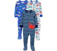 Simple Joys by Carter's Pijama de algodón con pies ajustados para niños pequeños y bebés, paquete de 3, Blue Sea Life/Navy Stripe/White Cars, 6-9 meses