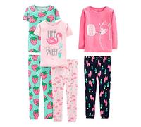 Simple Joys by Carter's Set de Pijamas de 6 Piezas con Corte Ajustado Niña, Pack de 3, Azul Marino/Rosa Flamenco/Rosa Magenta Estampado de Llamas/Verde Strawberries, 6 años