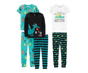 Simple Joys by Carter's Set de Pijamas de 6 Piezas con Corte Ajustado Niño, Pack de 3, Azul Turquesa Pulpo/Blanco/Negro Dragón/Rayas, 2 años