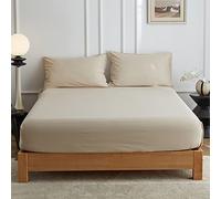 Simple&Opulence Sábana Bajera Ajustable 150x200cm Diseño de 35 Bolsillos Profundos, Mezcla de 55% Lino y 45% Algodón, Suave y Transpirable,Beige