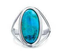Simple Suroeste De Estilo Boho De Gran Cúpula Cabujón Ovalado De Piedras Preciosas Bisel Conjunto Azul Turquesa Anillo De Declaración Occidental Para Las Mujeres Dividir La Banda .925 Plata Esterlina