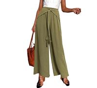 Simplee - Pantalones elegantes de pierna ancha con cinturón y cintura alta para mujer, M_verde oliva, Small