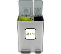 SIMPLI-MAGIC Bote de basura rectangular con doble compartimento para reciclaje de cocina con tapa de cierre suave, acero inoxidable cepillado (40 L + 20 L de capacidad)
