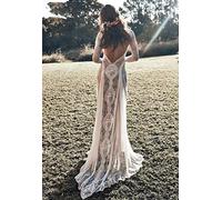 Simplicidad con Estilo Vestido de Novia Encaje Vintage sin Espalda Boho Beach Manga Larga Forro Desnudo Bohemios de País Hippie