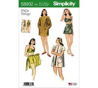 Simplicity Patrón de costura S8932 para mujer, parte superior de bikini vintage, pantalones cortos, envoltura, falda y abrigo, papel, blanco, varios