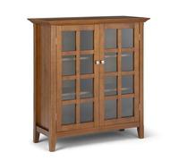 SIMPLIHOME Acadian - Armario de almacenamiento de madera maciza de 39 pulgadas de ancho, con 4 estantes, color marrón dorado claro, armario de transición para sala de estar o comedor con puertas de