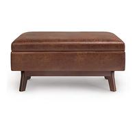 SIMPLIHOME Owen - Otomana rectangular pequeña de 91.4 cm de ancho de mediados de siglo con almacenamiento rectangular en piel sintética vegana marrón envejecida, montada, para sala de estar, entrada y