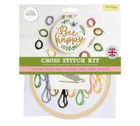 Simply MAKE Kit de punto de cruz, diseño de abeja feliz para niños y adultos, incluye aro, hilo de bordar, tela y aguja, perfecto para manualidades de adultos y principiantes, kit de manualidades de
