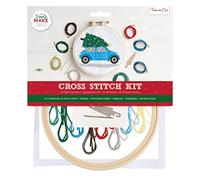 Simply MAKE Kit de punto de cruz, diseño de árbol en coche para niños y adultos, incluye aro, hilo de bordar, tela y aguja, perfecto para manualidades de adultos y principiantes, kit de manualidades