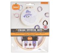 Simply MAKE Kit de punto de cruz, diseño de fantasma, Halloween, aro, hilo de bordar, tela y aguja, para principiantes, kit de manualidades de punto de cruz, grandes regalos, aficionados a las