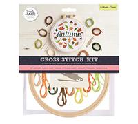 Simply Make Kit de punto de cruz, diseño de hojas de otoño para niños y adultos, incluye aro, hilo de bordar, tela y aguja, perfecto para manualidades de adultos y principiantes, kit de manualidades
