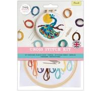 Simply MAKE Kit de punto de cruz, diseño de pavo real para niños y adultos, incluye aro, hilo de bordar, tela y aguja, perfecto para manualidades de adultos y principiantes, kit de manualidades de