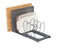 simplywire - Soporte extensible para bandeja de horno y tabla de cortar - Almacenamiento para tapaderas de cazuelas y sartenes - Organizador para armarios de cocina - Gris