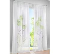 SIMPVALE 2 Paneles Cortina de Estampado Floral Visillos Transparente para Sala y Balcón, Verde, Amplitud 150cm/Altura 175cm