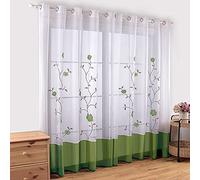 SIMPVALE 2 Piezas Cortinas de Salon - Bordado Floral Exquisito, 140x145cm, Verde Translucido Visillos Paneles con Ojales para Dormitorio Comedor y Salón