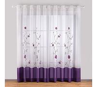 SIMPVALE 2 Piezas Cortinas de Salon - Bordado Floral Exquisito, 140x275cm, Púrpura Translucido Visillos Paneles con Ojales para Dormitorio Comedor y Salón