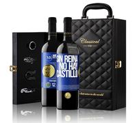 «Sin reina no hay castillo» Mensaje en una Botella. Estuche-Maletín de LUJO 2x Vino Tinto Premium Reserva 12 Meses y Set de 4 Accesorios. Etiqueta Azul PERSONALIZABLE