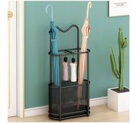 SINBINTA Soporte de metal para paraguas, soporte de paraguas independiente con ganchos y bandeja de goteo, soporte para bastón, organizador de paraguas para pasillo y entrada (negro)