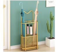 SINBINTA Soporte de metal para paraguas, soporte de pie con ganchos y bandeja de goteo, organizador de bastón para pasillo y entrada (dorado)