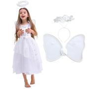Sincere Party Disfraz de ángel de Navidad para niña, disfraz de ángel blanco con halo y alas, niña de 3 a 4 años