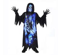 Sincere Party Disfraz de Parca Grim Reaper para niños,fantasma de la oscuridad,Túnica negra espeluznante con guantes espeluznantes,Máscara impresa 6-8 años.