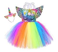 Sincere Party Vestido de tutú de unicornio para niñas Vestido de cumpleaños de unicornio arcoíris esponjoso con diadema y alas 4-5 años