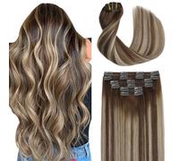 Sindar - Extensiones de clip de pelo humano con clip en color marrón chocolate hasta rubio caramelo, 45 cm, 120 g