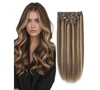 Sindra 4P27 - Extensiones de pelo humano con clip, 40 cm | Extensiones de pelo humano con clip, 6 unidades, 100 g, suave natural, marrón chocolate a rubio caramelo, largas y sedosas