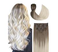 Sindra 8T60 - Extensiones de pelo humano con clip, 55 cm, color degradado | Extensiones de pelo humano, 6 unidades, 120 g, pelo natural ceniza marrón a rubio platino natural, liso, 55,8 cm