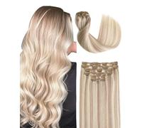 Sindra Extensiones de clip de pelo humano real Remy Hair Extension Clip en extensiones de pelo natural, 35 cm, 6 unidades, 100 g, rubio ceniza con rubio platino rubio C18P613 de 35 cm