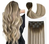 Sindra Extensiones de pelo humano con clip, 40 cm, #3/8/22 | Extensiones de pelo humano con clip, 6 unidades, 100 g, color marrón nogal degradado a marrón ceniza y rubio dorado, liso