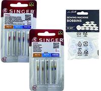 Singer Pack de 2 Paquetes de Agujas Universales para coser Algodón y Tejidos de punto, elásticos y lycra 2020, y 2045 Sistema 130/705 H (Plano de un Lado) HAx1 y H-S + Canillas de Plástico