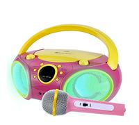 SINGINGWOOD NP030AB-YP Portable Karaoke System, Pink Boombox with Bluetooth, CD, USB, Am/FM Radio, LED Lights Sync to Music, AC or Battery Powered
