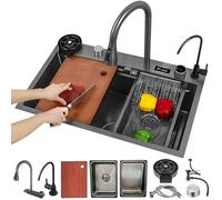 Single Bowl Nano Stainless Steel Kitchen Sink with Temperature Display - Large Capacity Waterfall Workstation for RV Includes Accessories for Easy Installation