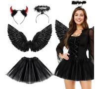 Singtis Disfraz de ángel negro de demonio, 55 x 33 cm, alas de ángel, tutú, falda, cuernos de diablo, diadema, varita mágica, para mujer y niña, disfraz de carnaval, Halloween