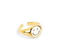 SINGULARU - Anillo Smiley White Enamel. Ajustable. Latón con Acabado Baño de Oro de 18 Kt. Talla Unica. Joyas para Mujer
