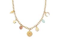 SINGULARU - Collar Multicharms Soleil. Acero con Acabado en Baño de Oro de 18kt. Cadena de Eslabones con Charms Colganes. Detalles en Piedras Naturales y Circonitas. Joyas para Mujer