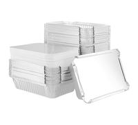 SINJEUN Paquete de 125 bandejas de aluminio con tapas, recipientes rectangulares de aluminio de 21 x 14 x 5 cm, bandejas de asar plateadas para cocina, camping, horneado