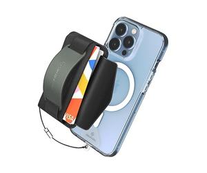Sinjimoru [2022 Updated] iPhone 14 Magnetic Phone Wallet for MagSafe, iPhone Card Holder with Cell Phone Kickstand & Phone Grip Strap for iPhone 12 13 & iPhone 14 Series. M-BGrip Olive Grey